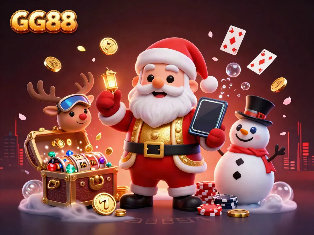 Celebrate jackpots at GG88 with Santa and friends in a vibrant, packed casino scene.