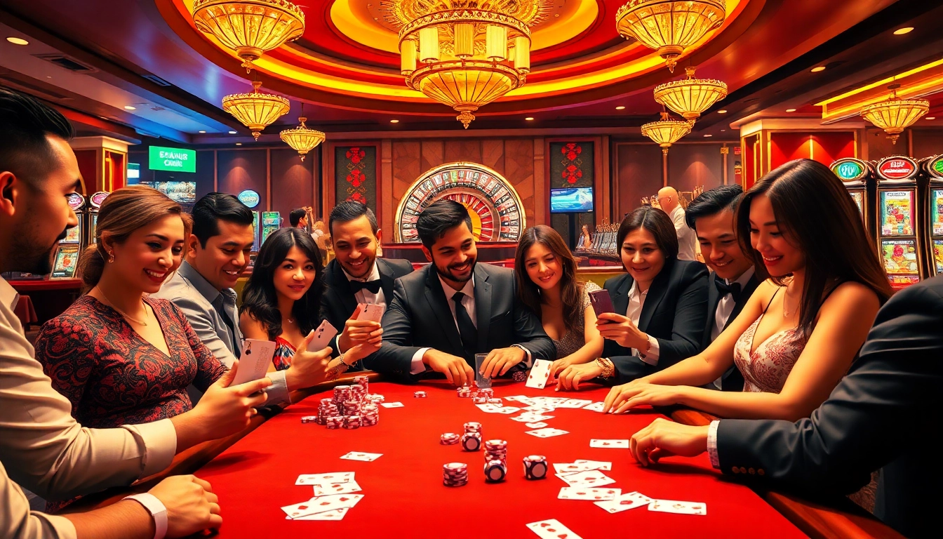 Gamblers enjoying a thrilling moment of strategy at the casino table from https://hz88mie.com/, featuring luxury and excitement.