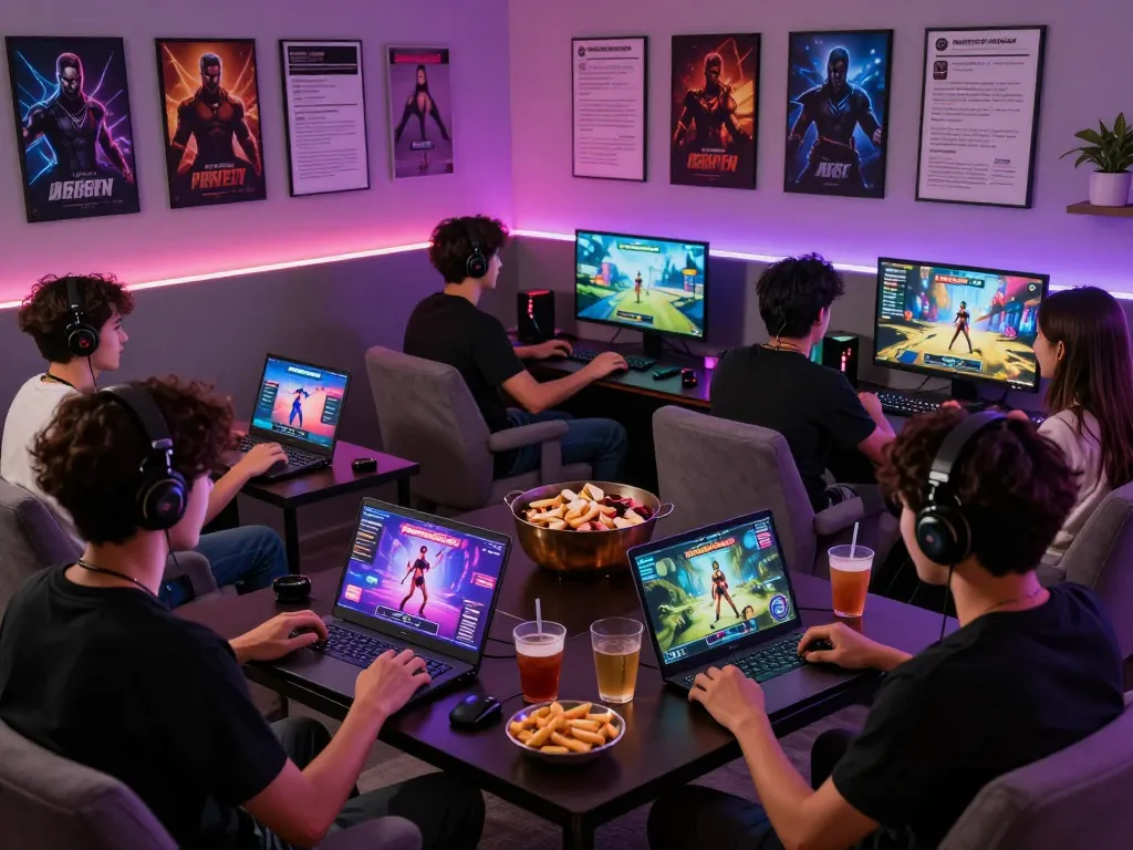 Engaging scene of friends playing porn games together in a cozy lounge.