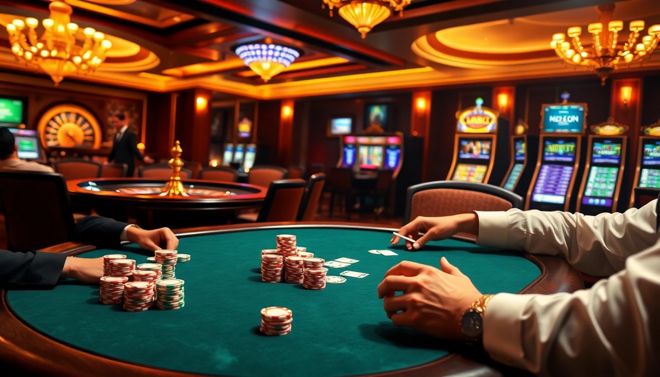Experience the thrill of gambling at https://n188.bid/ with a luxurious casino setting featuring poker chips and intense gameplay.