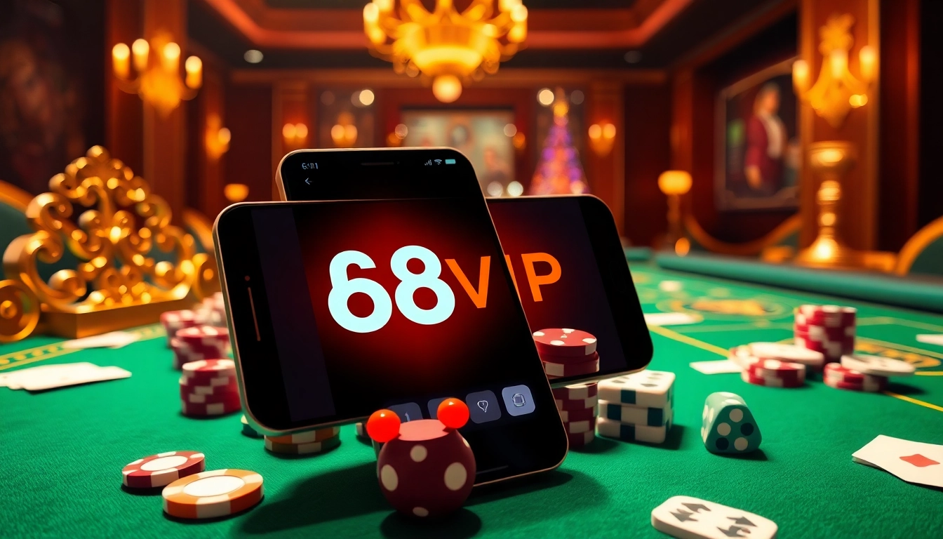 Experience Tải App Nhà Cái 68VIP while surrounded by a luxurious casino setting featuring gaming tables and mobile interfaces.