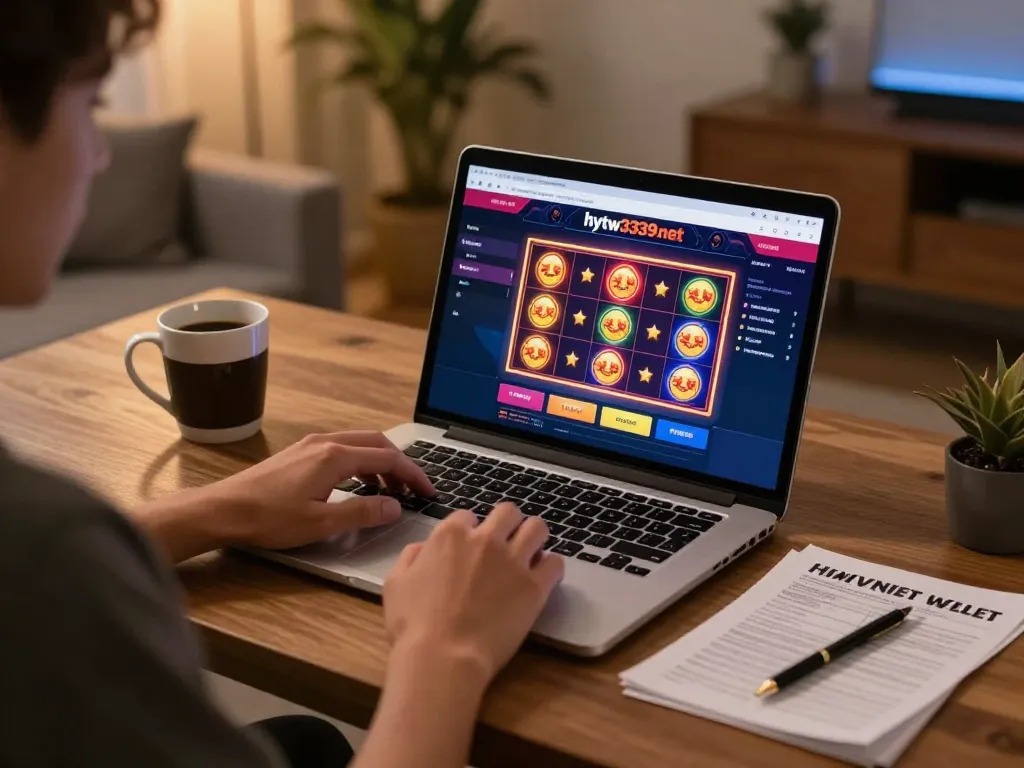 Engaging in online gambling at hytw3339net casino from a comfortable home office, showcasing vibrant slots on laptop.