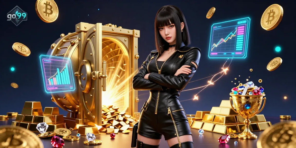Win big at go99 with a stunning 3D casino illustration showcasing golden treasures and futuristic elements.