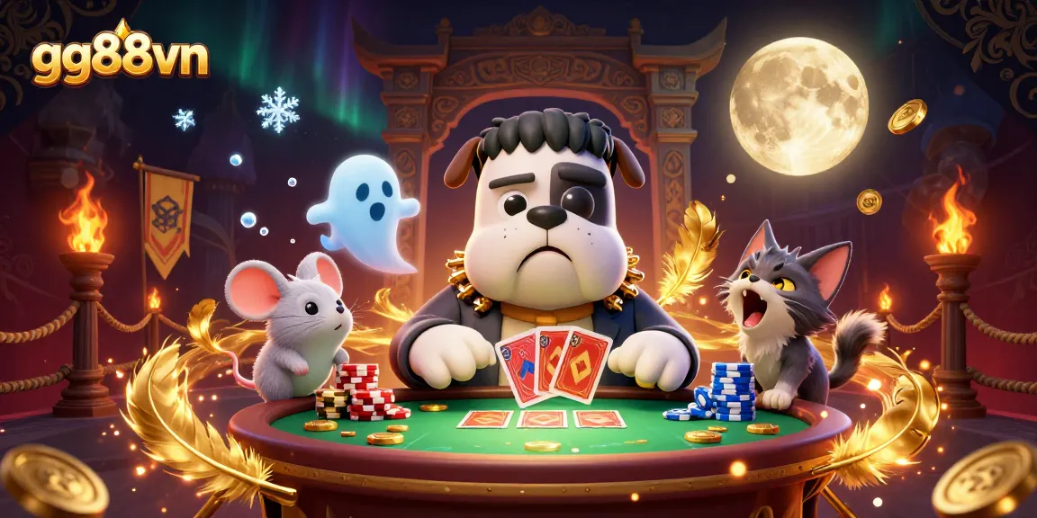 Experience thrilling gameplay at gg88vn, where a Frankenstein bulldog monster deals cards amidst a spooky, vibrant casino.