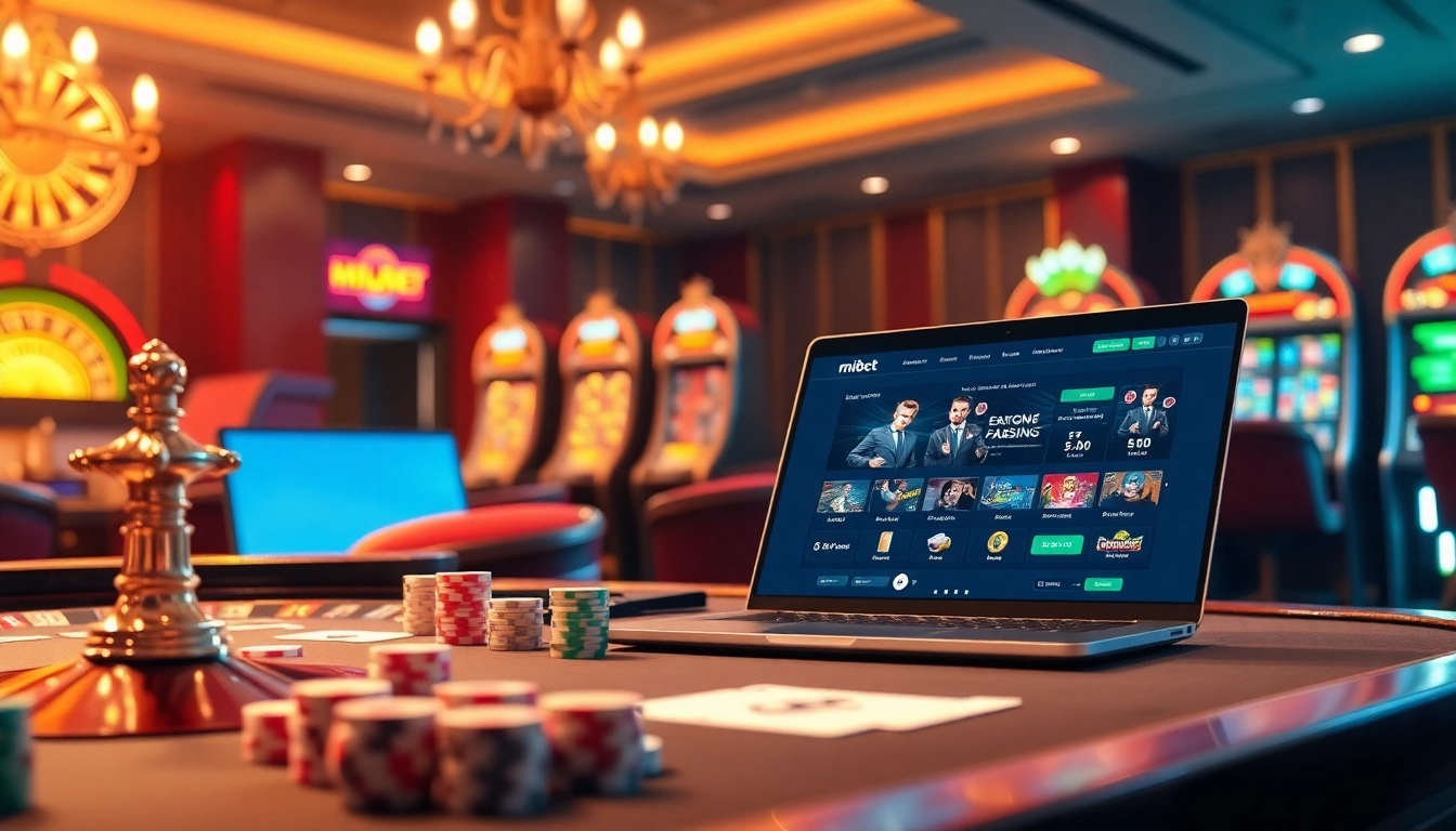 Engaging in exciting games at nhà cái mibet, featuring a luxurious casino setting with poker and slot elements.