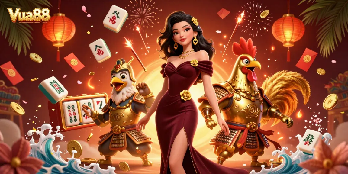 Engage with Vua88's thrilling atmosphere featuring glamorous characters and dynamic casino elements.