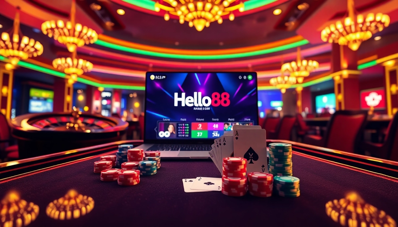 Engaging gamers at https://hello88app.com/ with a luxurious online casino scene featuring roulette and poker.