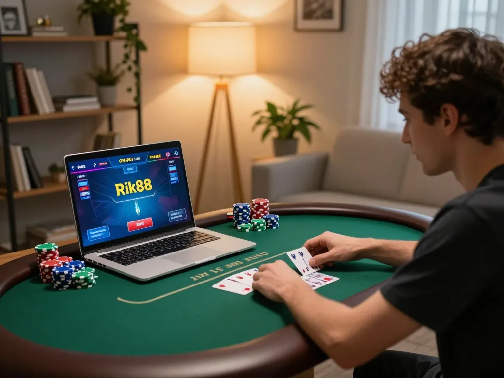 Engaged player using Rik88 online for poker at home with game interface visible on screen.