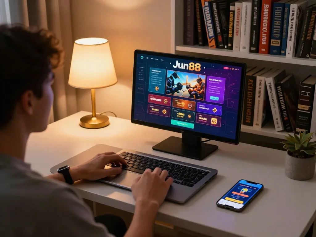 Engaging Jun88 online gaming experience with player at home desk using laptop and smartphone