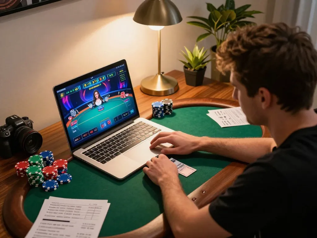 Play poker online at hay88x in a cozy home setting with vibrant graphics and strategy notes.
