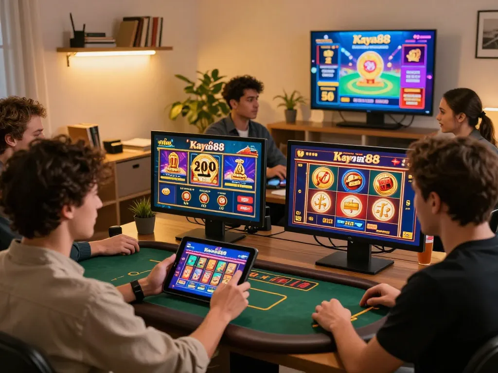 Kaya88 players engaging with mobile gaming gaming devices, showcasing excitement in online casino.