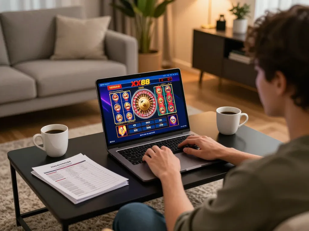 Player engaging in online casino gaming at XX88 while analyzing betting strategies in a cozy room