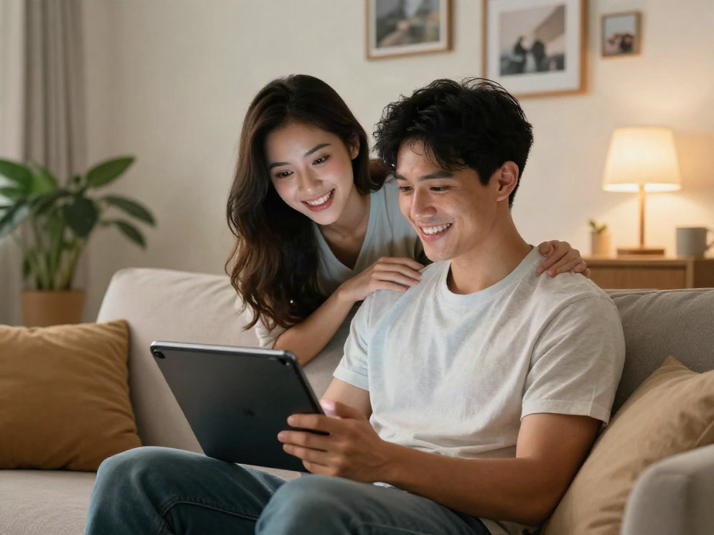 Engaging with an AI girlfriend in a cozy living room, showcasing modern digital romance.