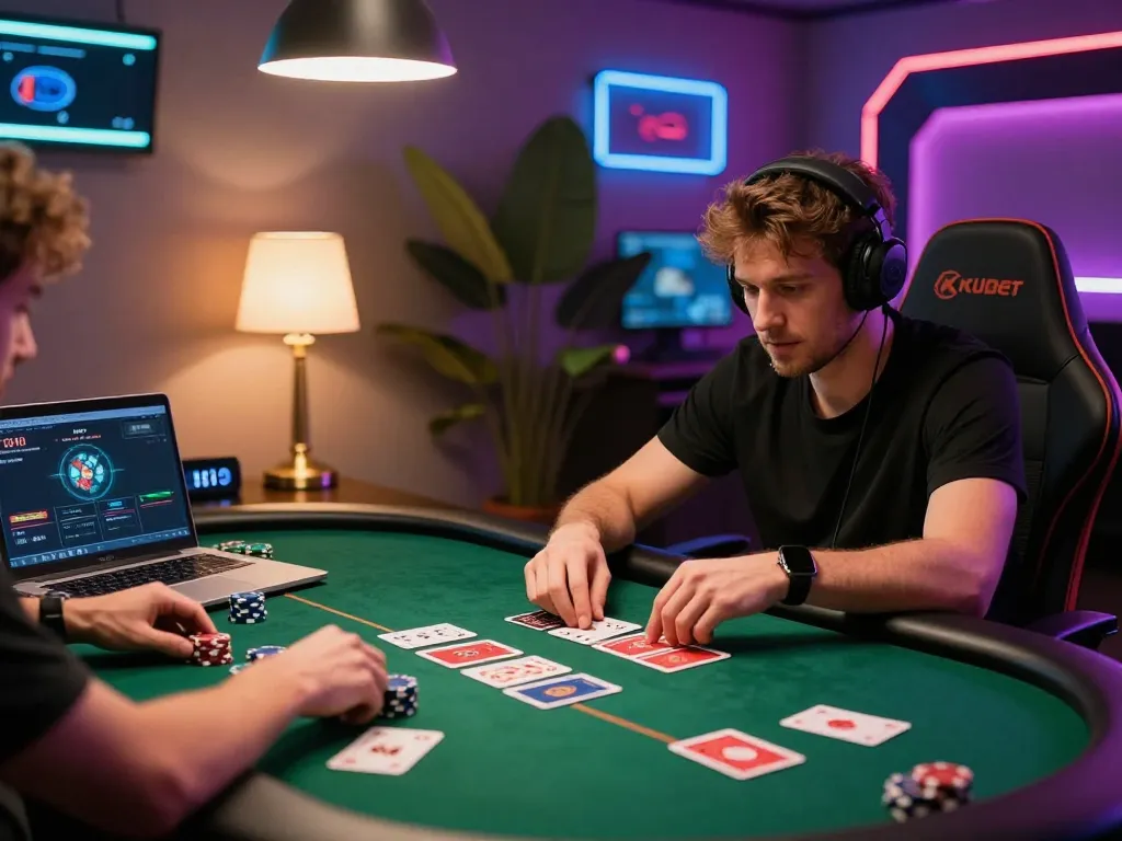 KUBET player engaging in an intense online poker session with strategic gameplay elements visible.
