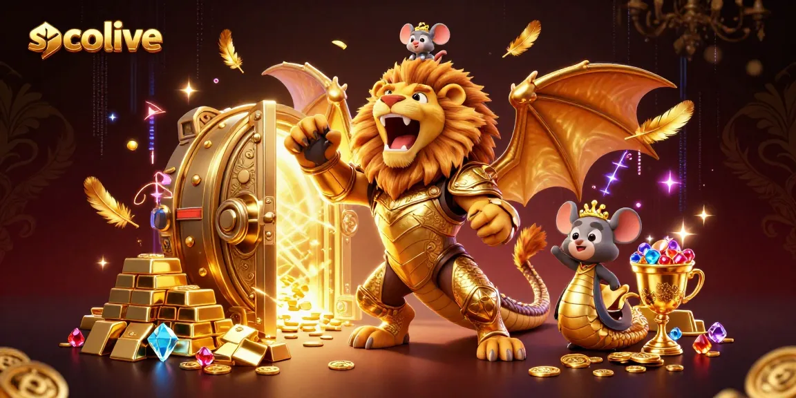 Socolive offers an exciting gaming experience, showcasing a triumphant chimera and treasure vault scene filled with dazzling gems.