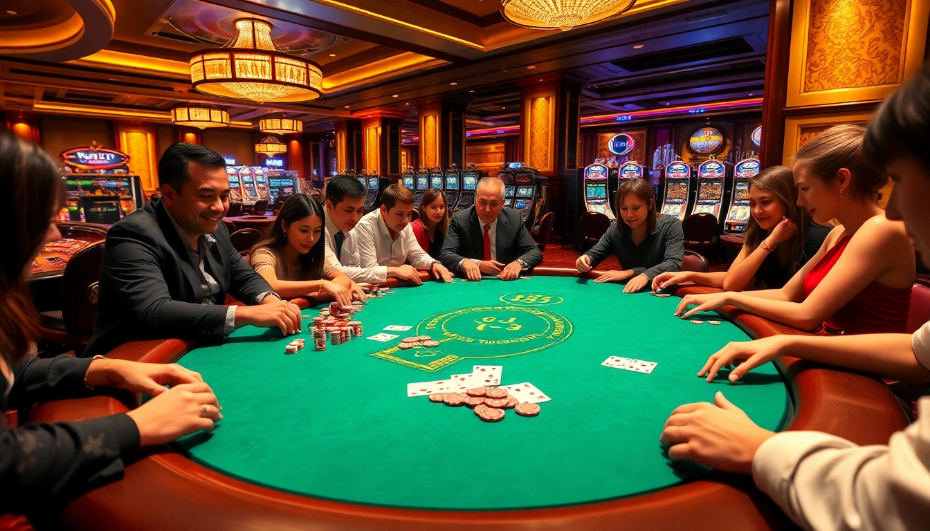Players enjoy a thrilling poker game at KJC casino with vibrant chips and high-stakes excitement.