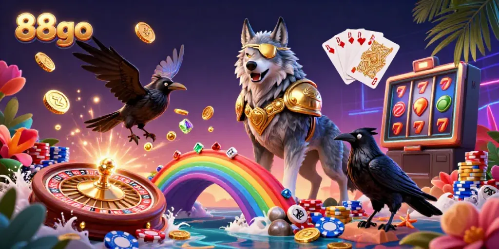 Engage with exhilarating 88go casino gameplay featuring an Odin wolf, ravens, and vibrant gambling elements.