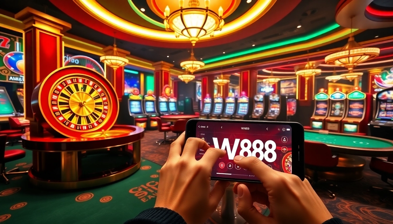 Experience thrilling gaming at https://ww88.directory/ with a vibrant casino setting featuring roulette and slot machines.
