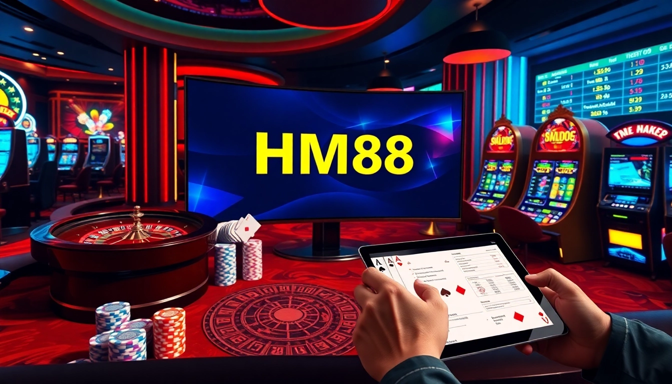 Placing strategic bets on https://hm88.cafe/ with vivid casino visuals including roulette, poker chips, and live sportsbook