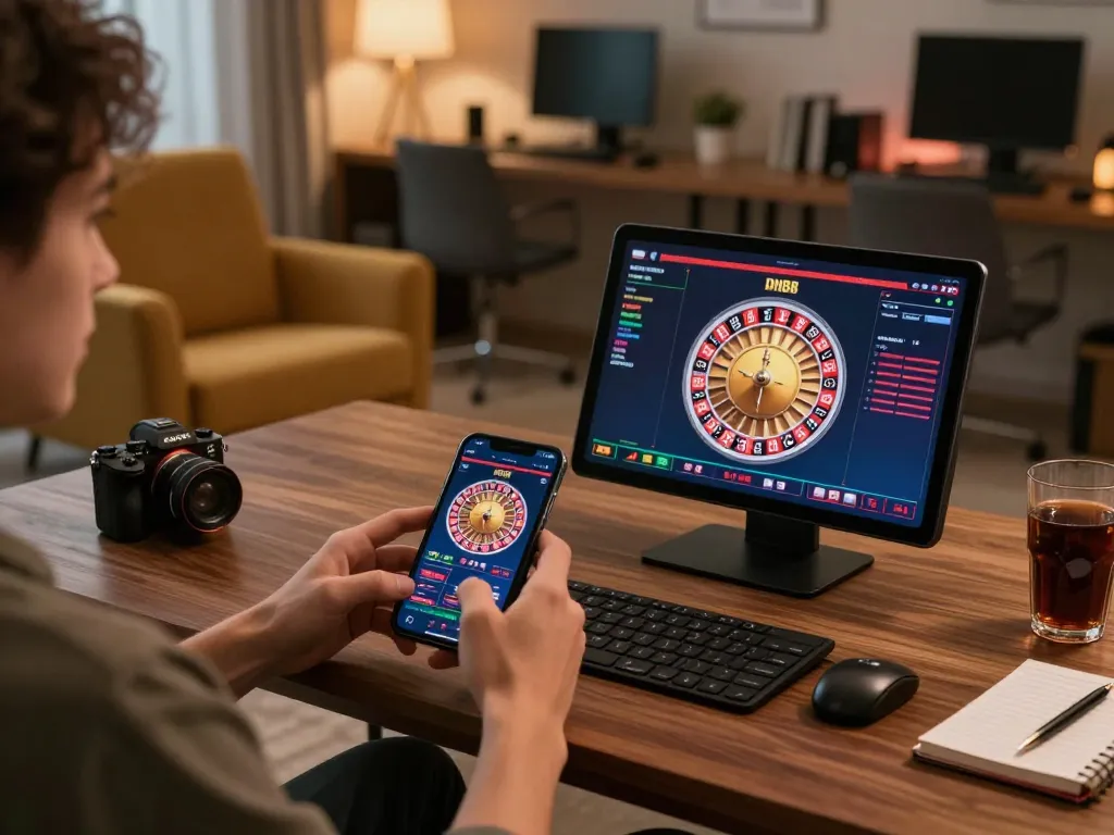 Player enjoying gaming on DH88's mobile casino app with roulette interface, cozy home atmosphere