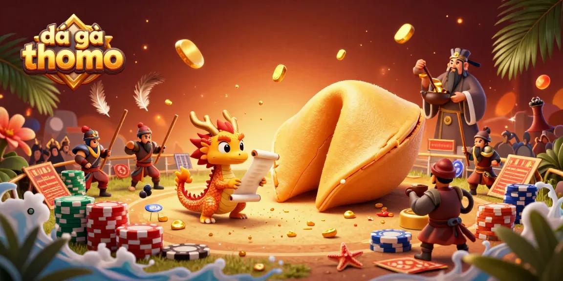 Watch the dynamic đá gà thomo scene featuring a golden fortune cookie with a dragon and cockfighting elements.