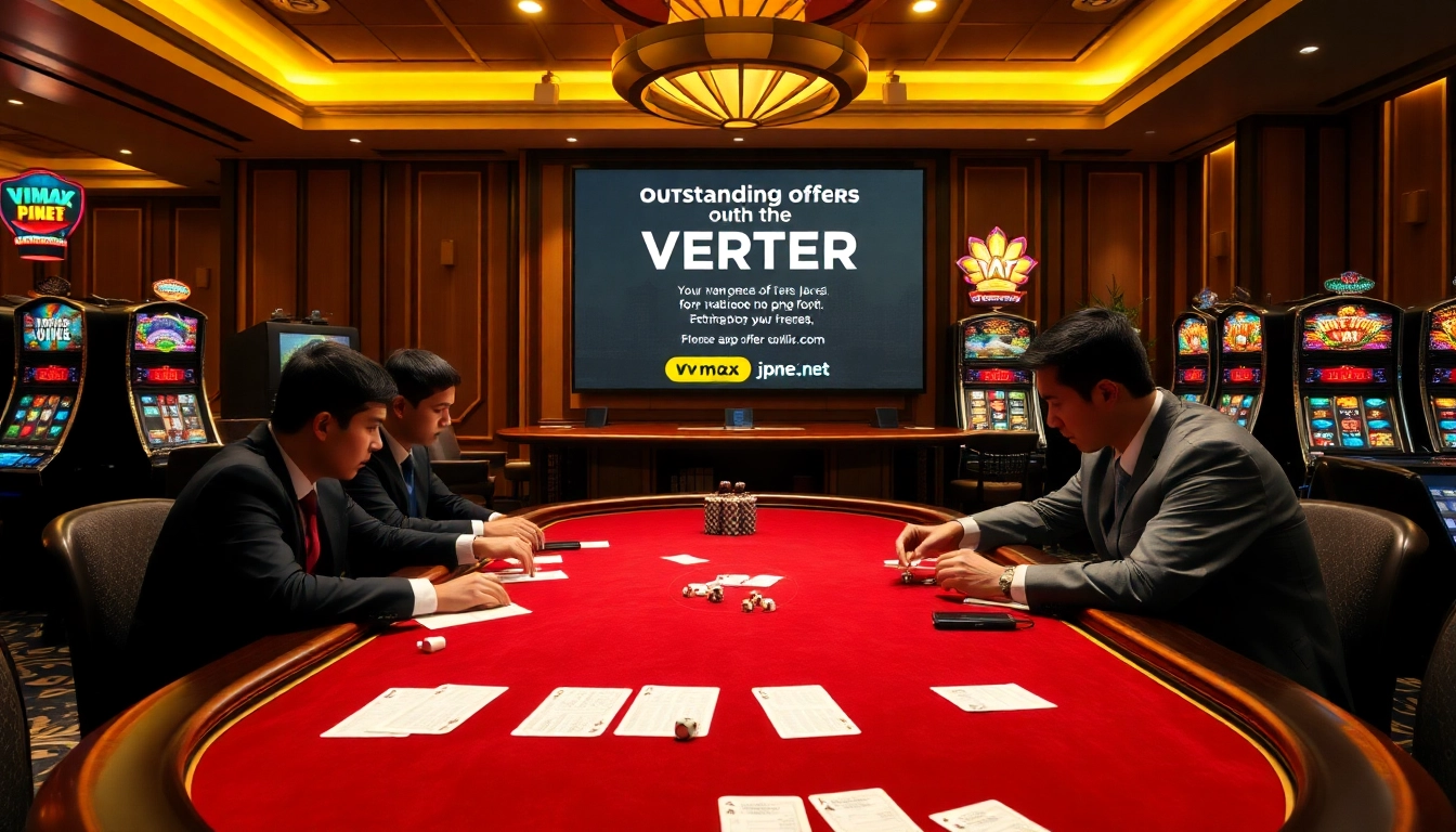Experience high-stakes gambling at vmax.jp.net with a luxurious casino setup featuring poker and slot games.
