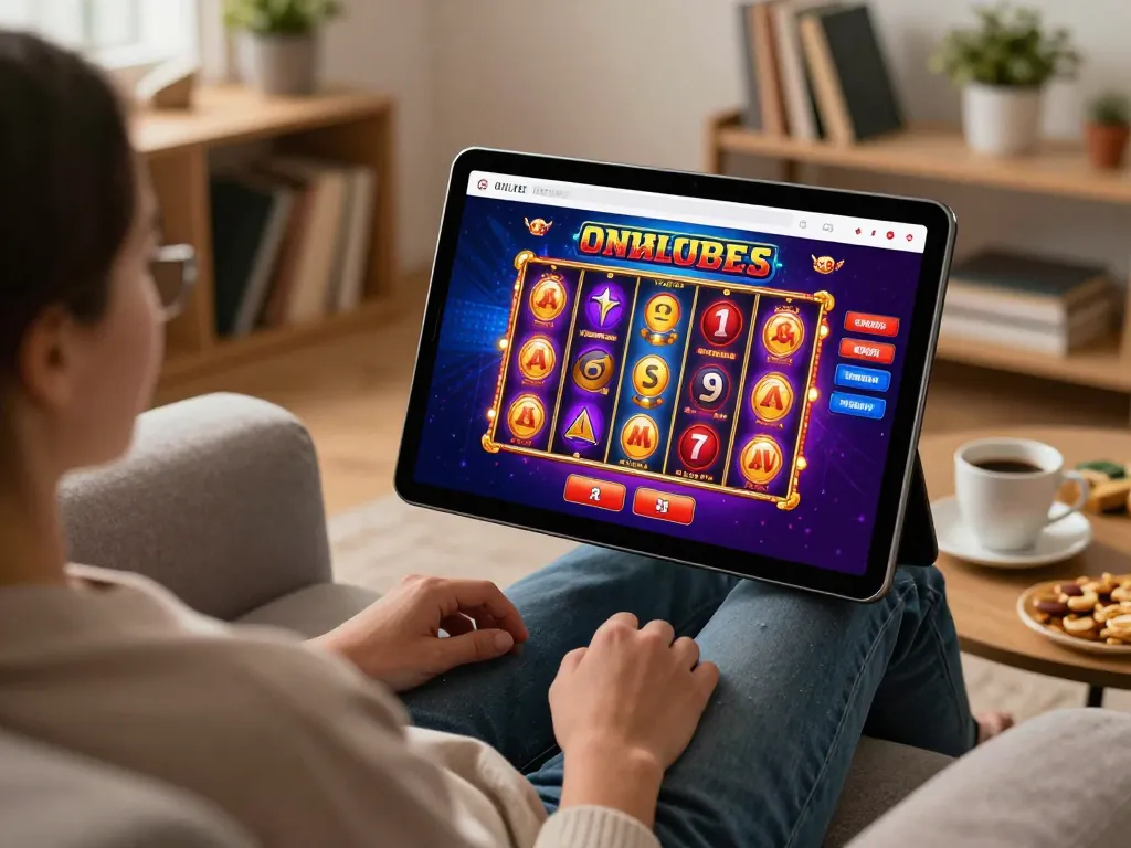 Engaging gaming session on JUN88's online platform with vibrant slot game display and cozy home setting