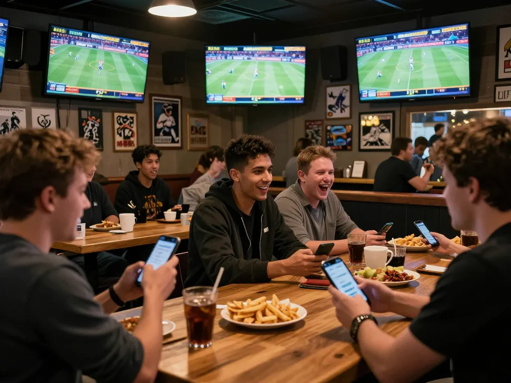 Exciting sports betting scene with fans engaging on 789win app in lively sports bar