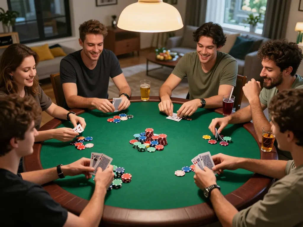 Exciting home poker night with friends, showcasing the engaging experience of 58win gaming.