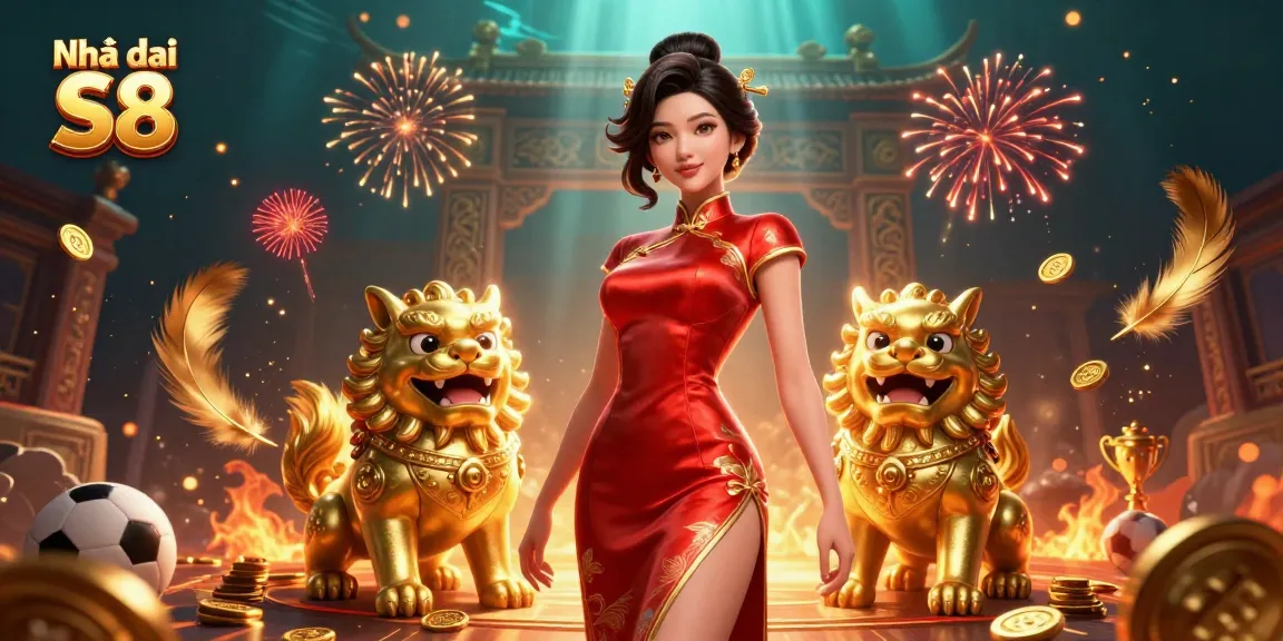 Engage in thrilling games at Nhà cái S8 as a glamorous woman celebrates amidst fireworks and betting tokens.