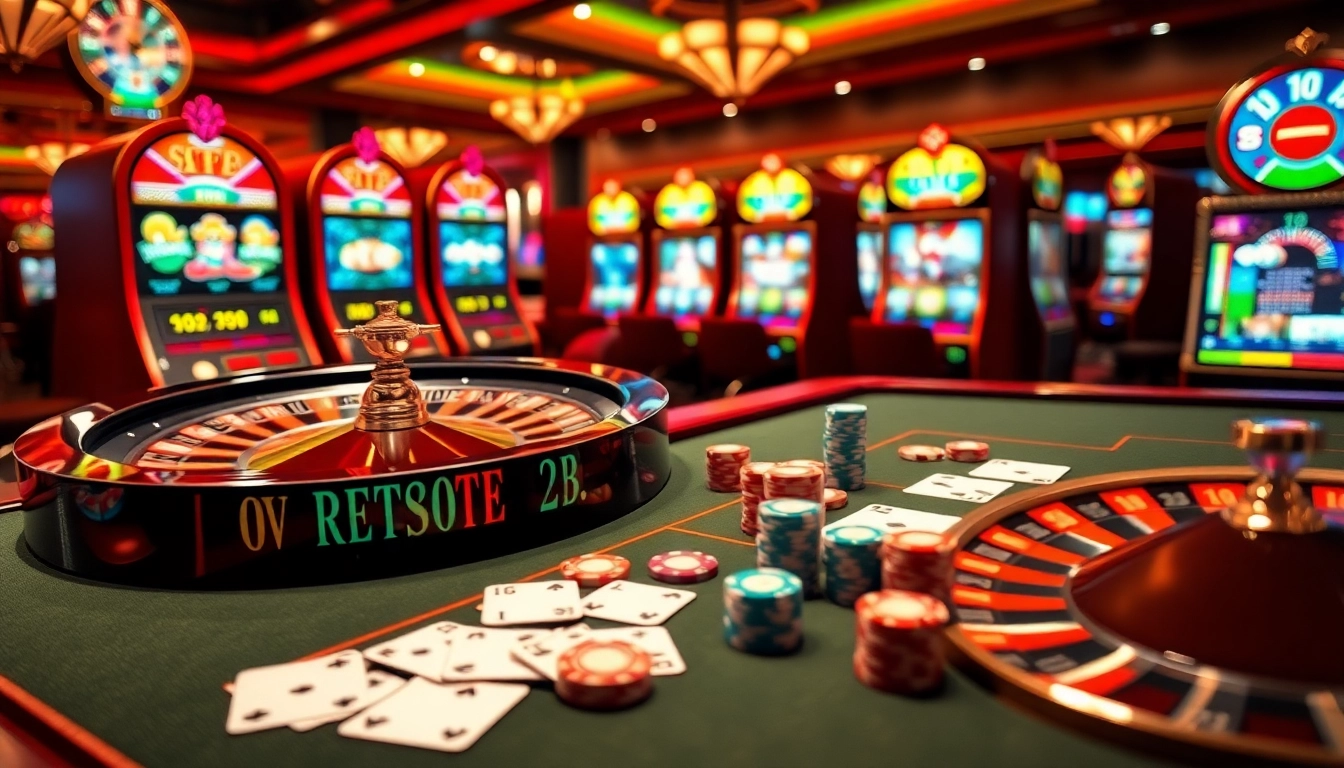 Engaging casino atmosphere showcasing vibrant hoạt hình trung quốc elements with poker chips and roulette wheel.
