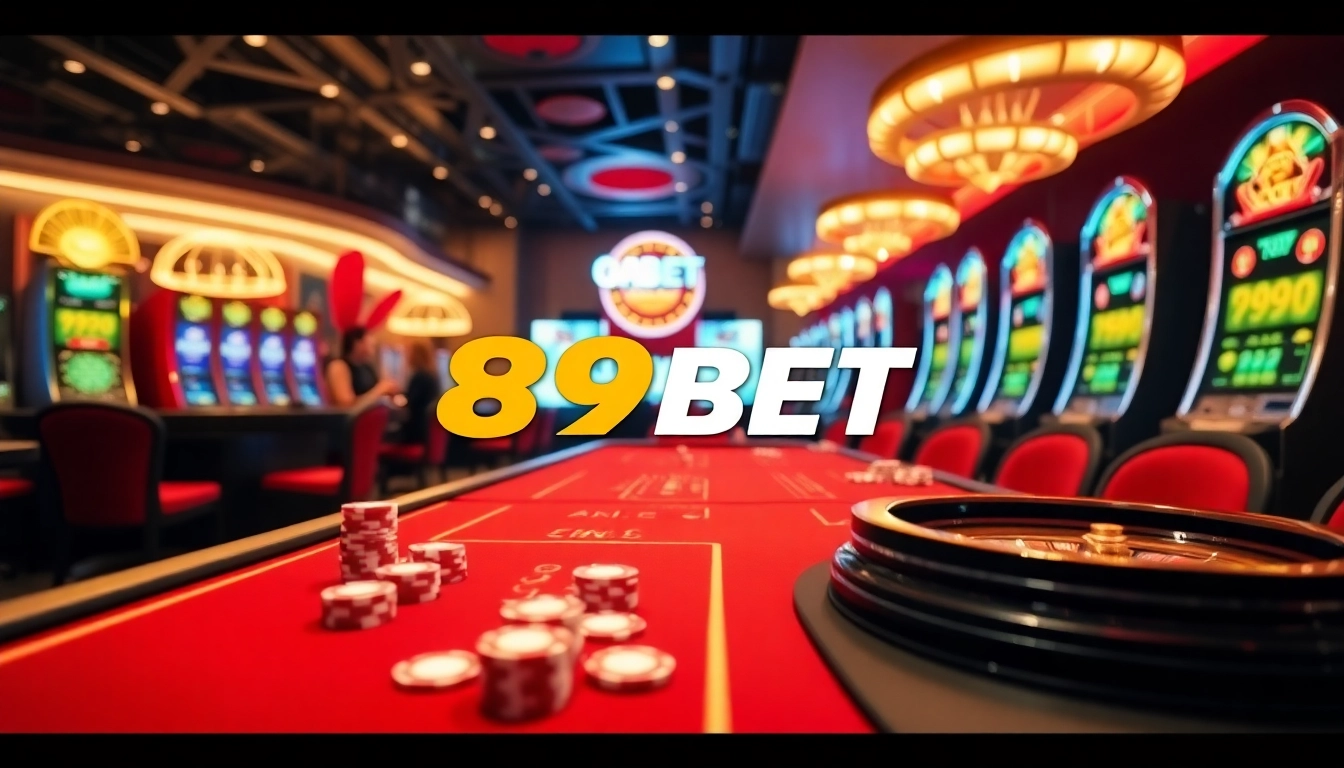 Players enjoying a thrilling game at the 89BET casino table with colorful chips and vibrant slot machines.