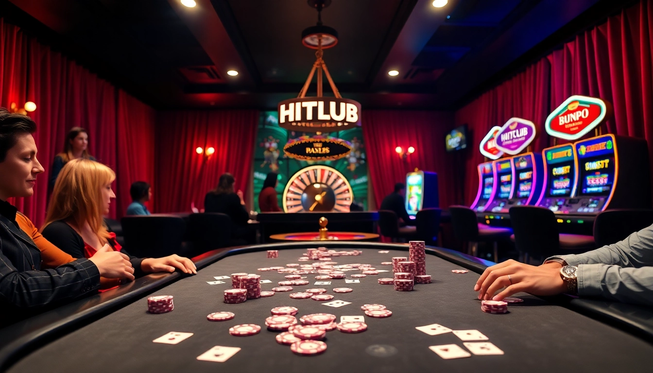 Players enjoying a poker game at HITCLUB, surrounded by vibrant casino elements.