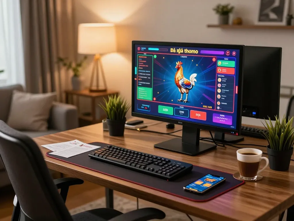 Watching Đá gà thomo live stream on a desktop setup, with vibrant betting options and a cozy atmosphere