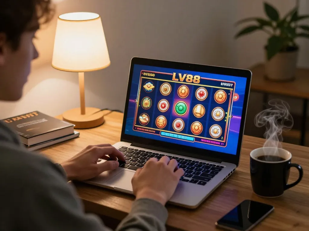 Player enjoying slot games on LV88 at home, showcasing a cozy gaming environment with a laptop and coffee.