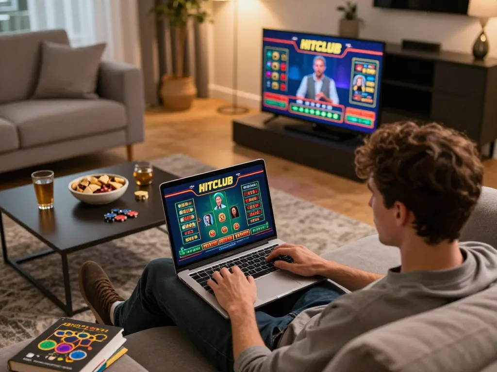 Player enjoying Hitclub live dealer games on a laptop, cozy home gaming atmosphere.