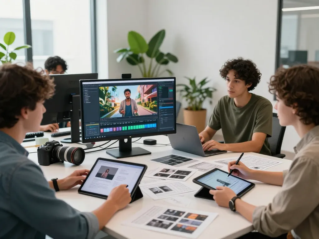 Content creators using seedance 2.0 for AI video production in a modern workspace.