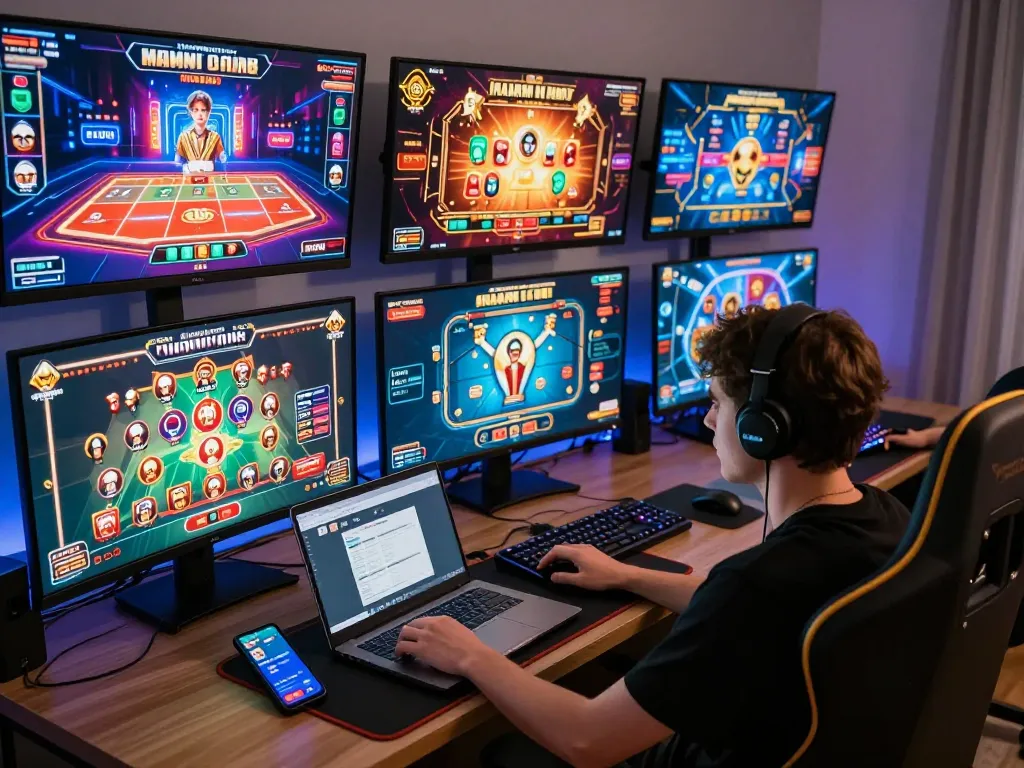 Player immersed in C 168 online gaming setup with multiple screens showcasing casino games in stylish home office