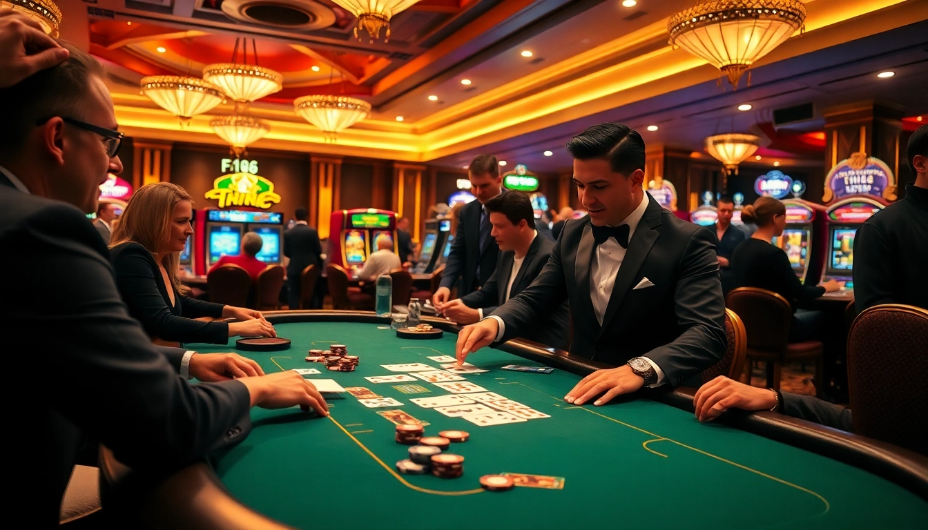 Players enjoying an exciting blackjack game at F168 casino table surrounded by vibrant atmosphere.