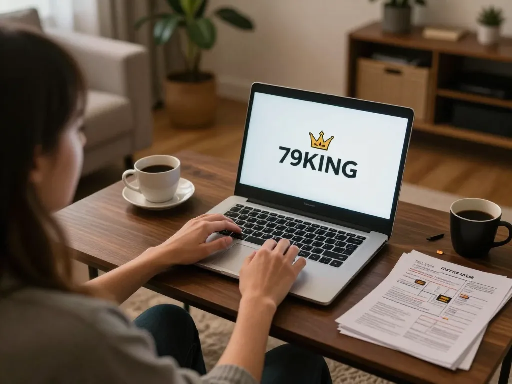 Engaging online gaming with 79KING in cozy home setup, person strategizing bets