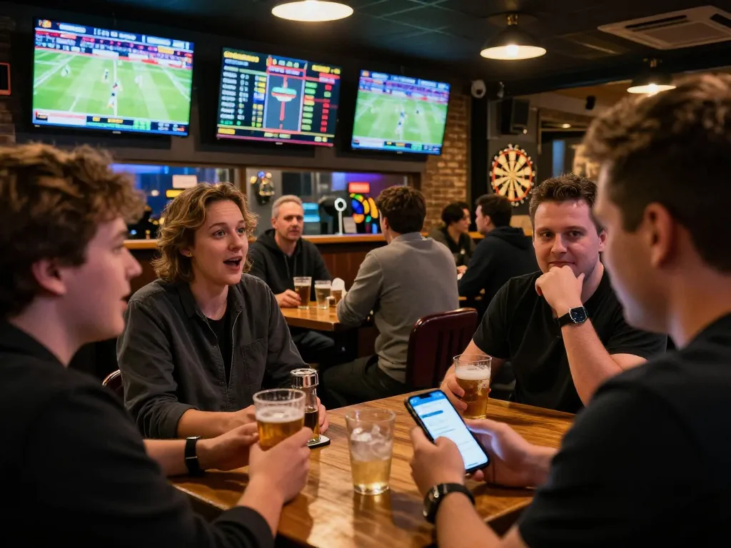 Stepballl players engaging in live sports betting, dynamic atmosphere at a bustling sports bar
