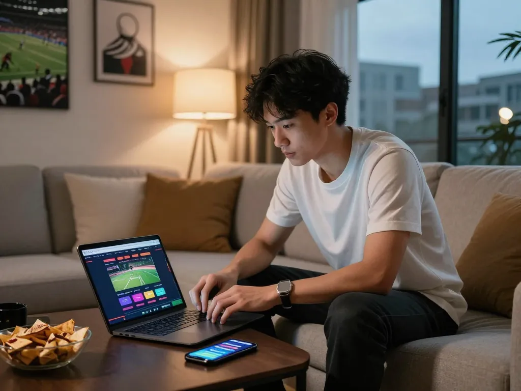 Engaging atmosphere of nhà cái uy tín online gambling with a young man betting.