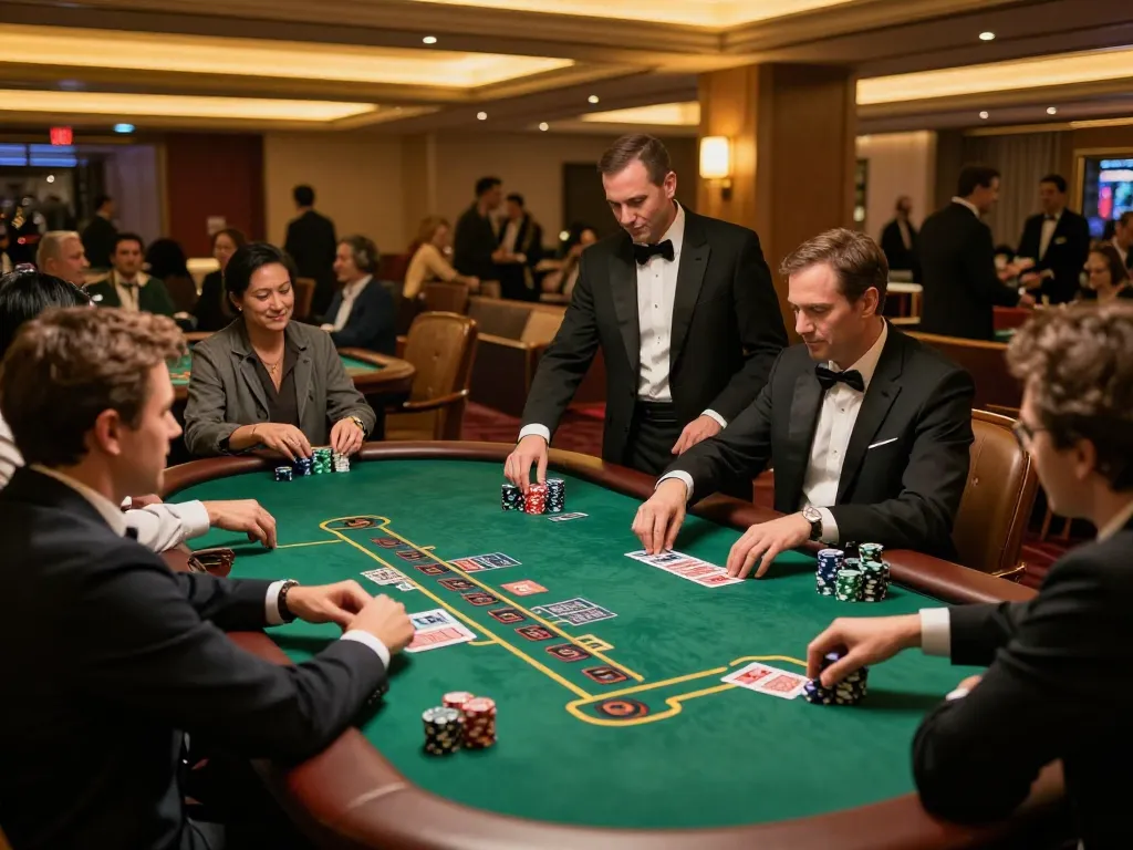 Players enjoying blackjack at twin68's upscale casino with dealers and warm lighting.