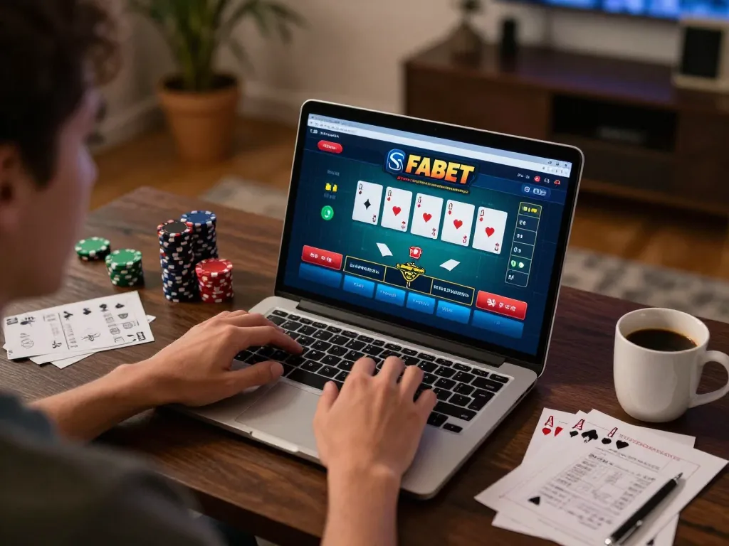 Engaging player using FABET interface for online poker, showcasing strategic gaming setup.