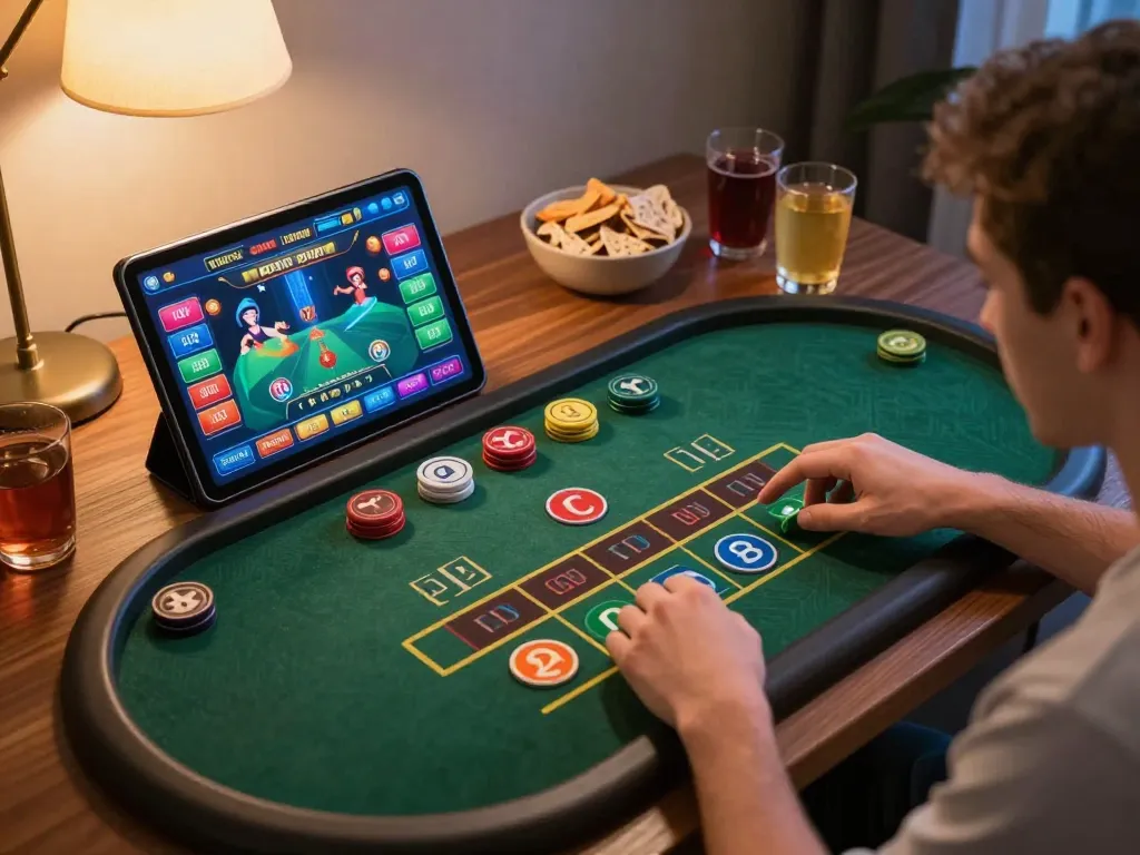 xóc đĩa game backdrop with digital interface, highlighting player’s strategic gameplay in a cozy home setting.