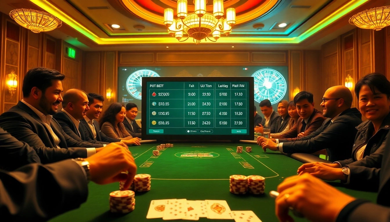 Enthusiastic players strategizing at a luxury casino poker table, highlighting lô đề uy tín.