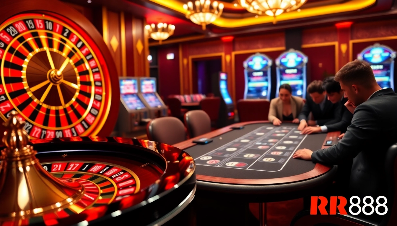 RR88 players engaging in an exciting high-stakes poker game at a luxurious casino table.