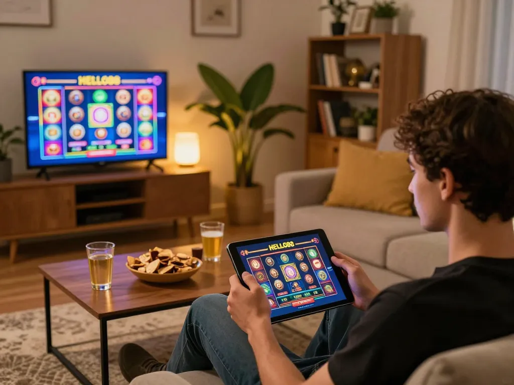 Player enjoying an engaging gaming session on HELLO88 online casino app in a cozy home setting