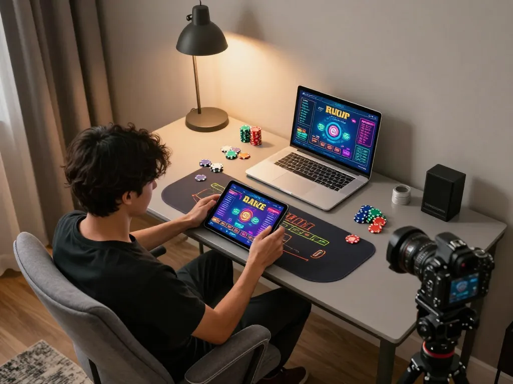 Bong88 user engaging with online baccarat app on tablet, highlighting fun and strategy in gaming.