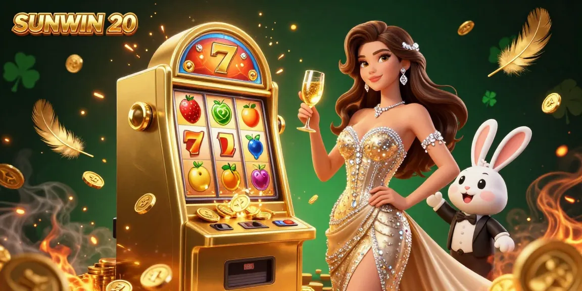 SUNWIN 20 showcases a glamorous 3D casino scene with a jackpot slot machine and a toasting woman, bursting with coins.